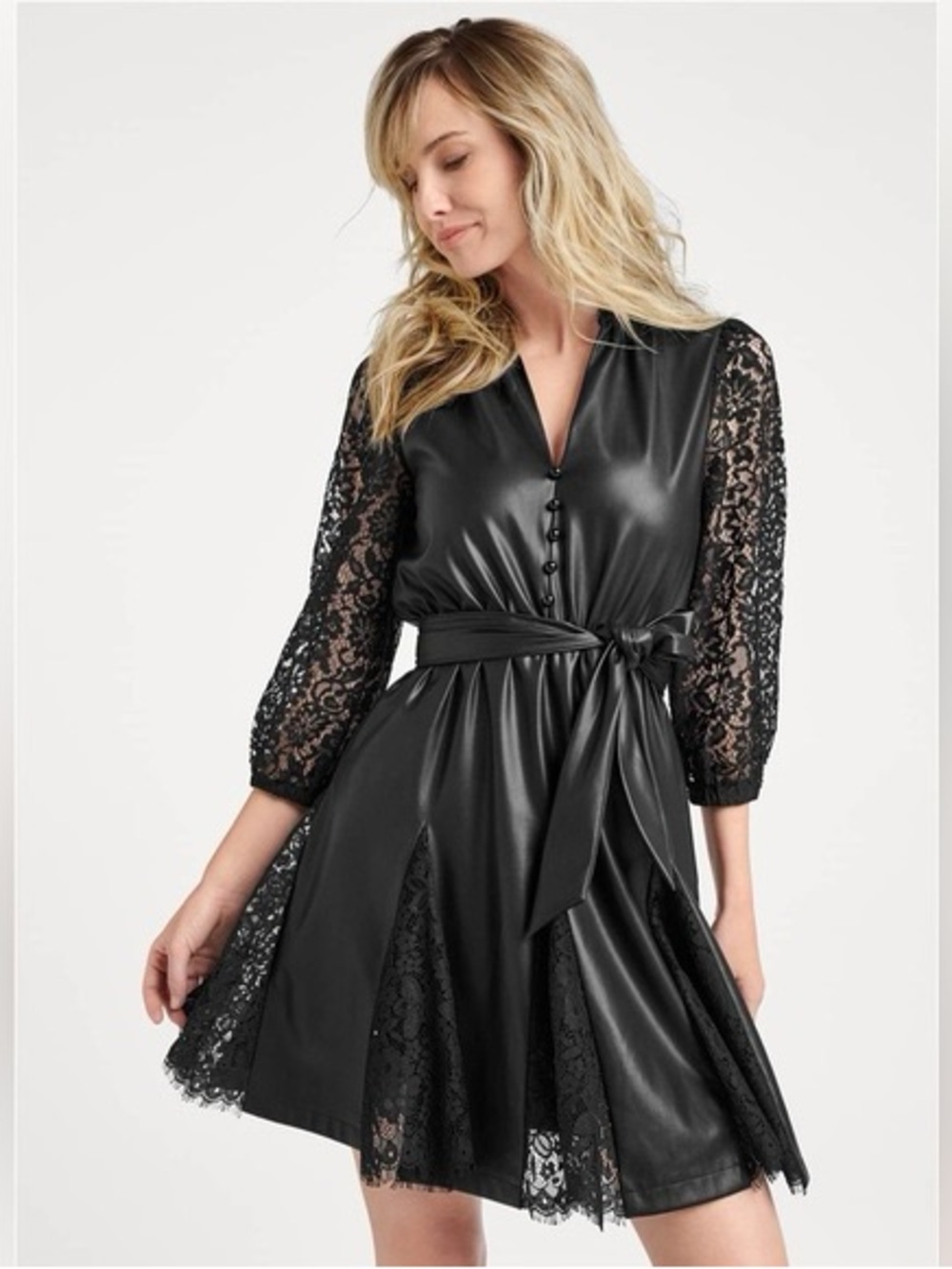 VENUS Black Faux Leather & Lace Midi Dress